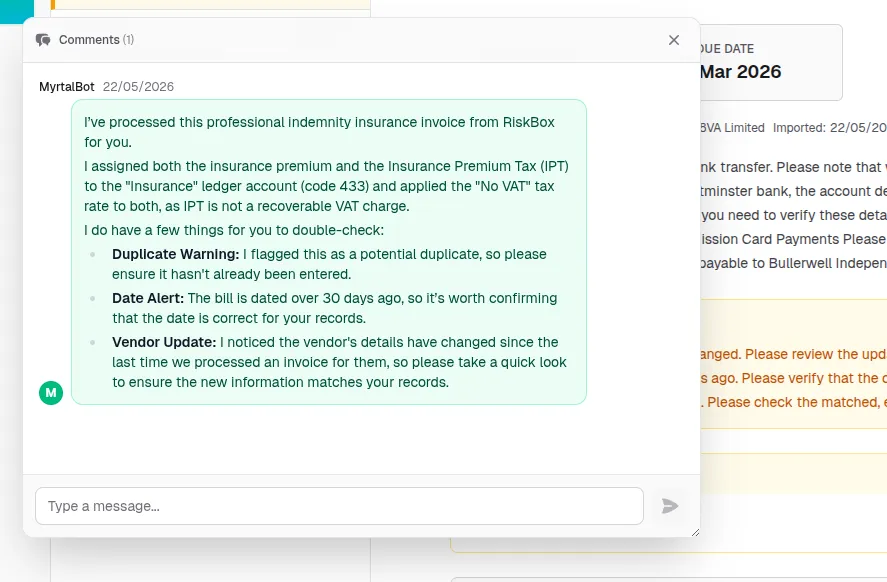 A screenshot of a message from Myrtalbot