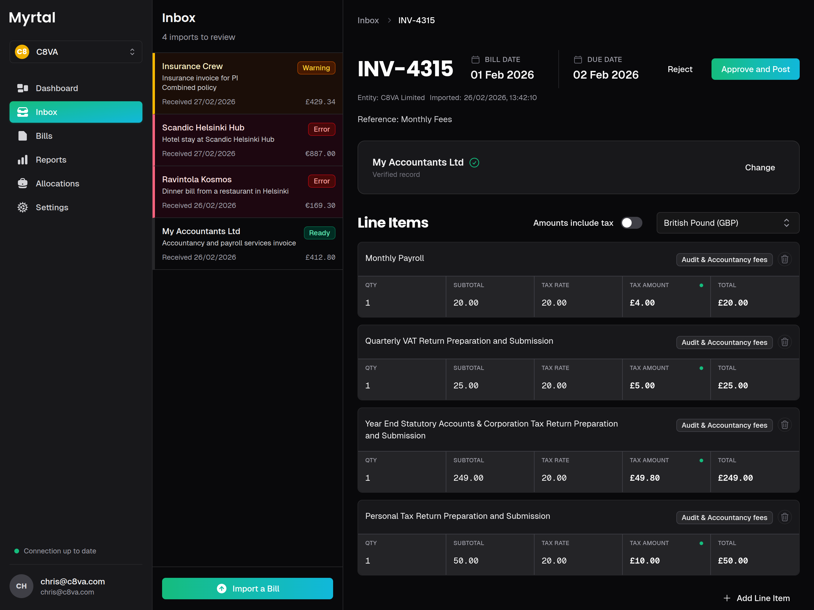 Myrtal dashboard showing invoice management (Dark)