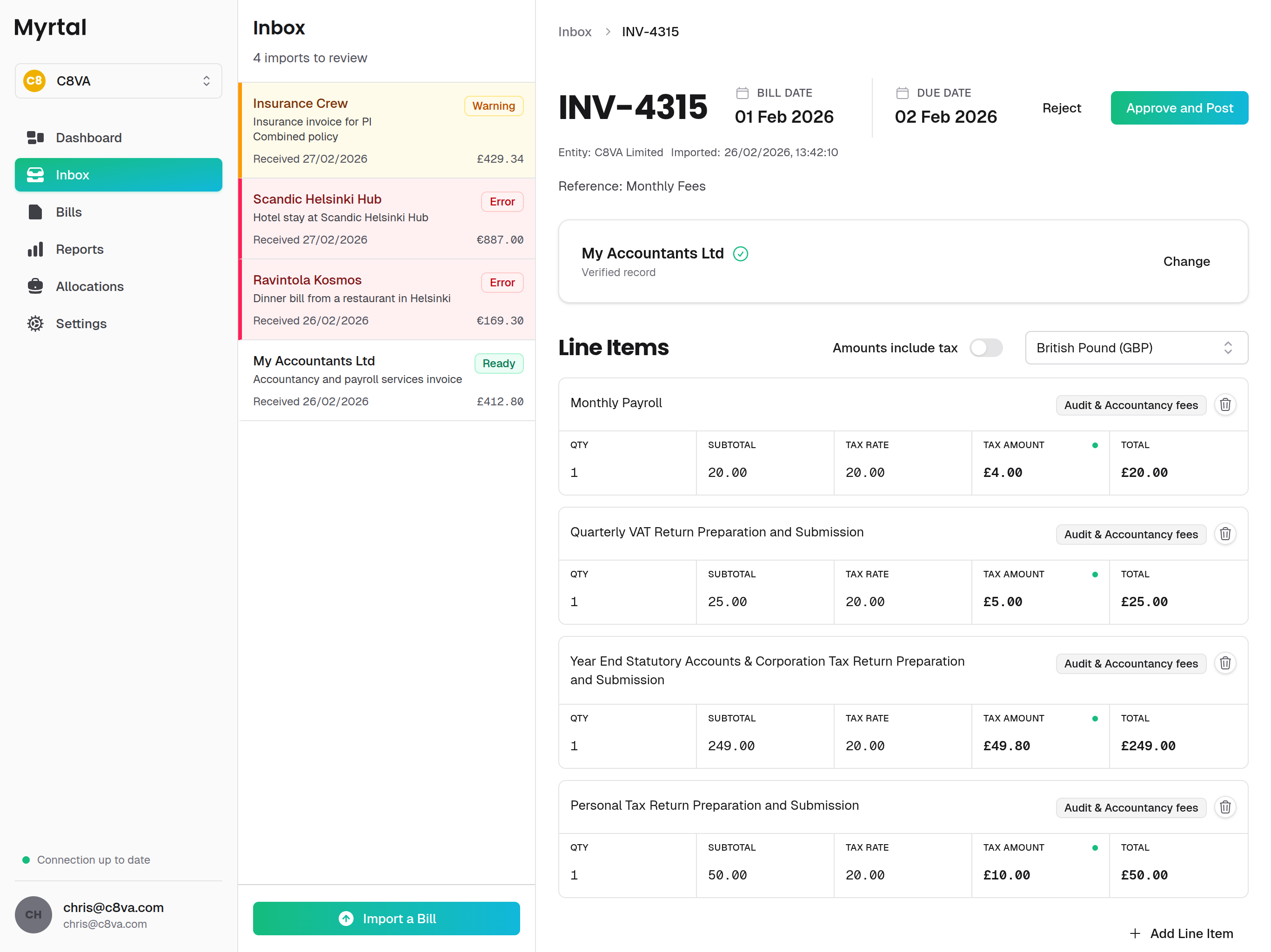 Myrtal dashboard showing invoice management (Light)